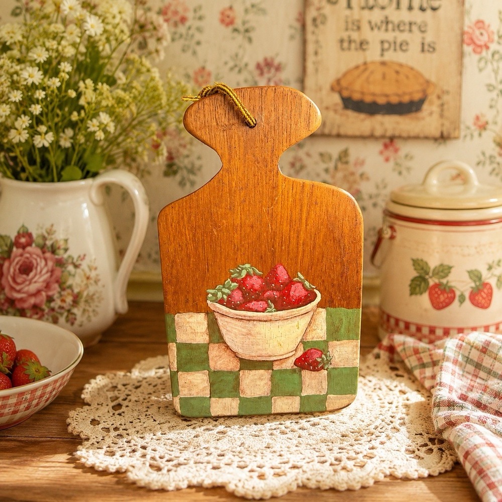 Vintage 80s Hand Painted Strawberry Cutting Board Grannycore Kitchen Folk Art